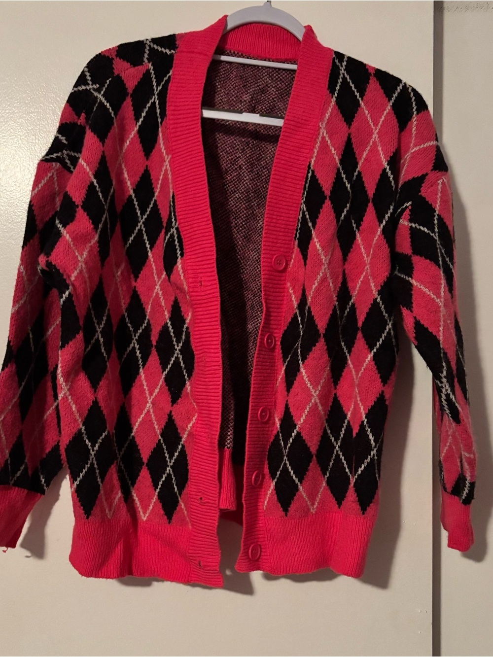 Pink Plaid Button-Front Women's Cardigan Sweater 1XL